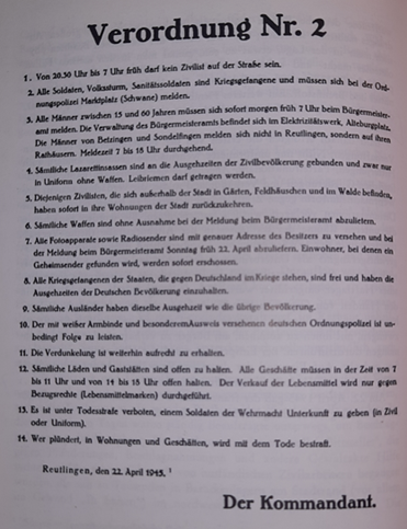 Verordnung Nr. 2 aus Reutlingen, den 22. April 1945
